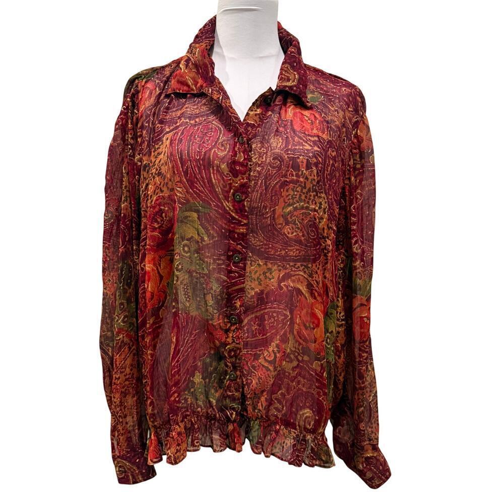 Coldwater Creek Burgundy Sheer Shimmer Paisley Blouse Boho Romantic Large Indie